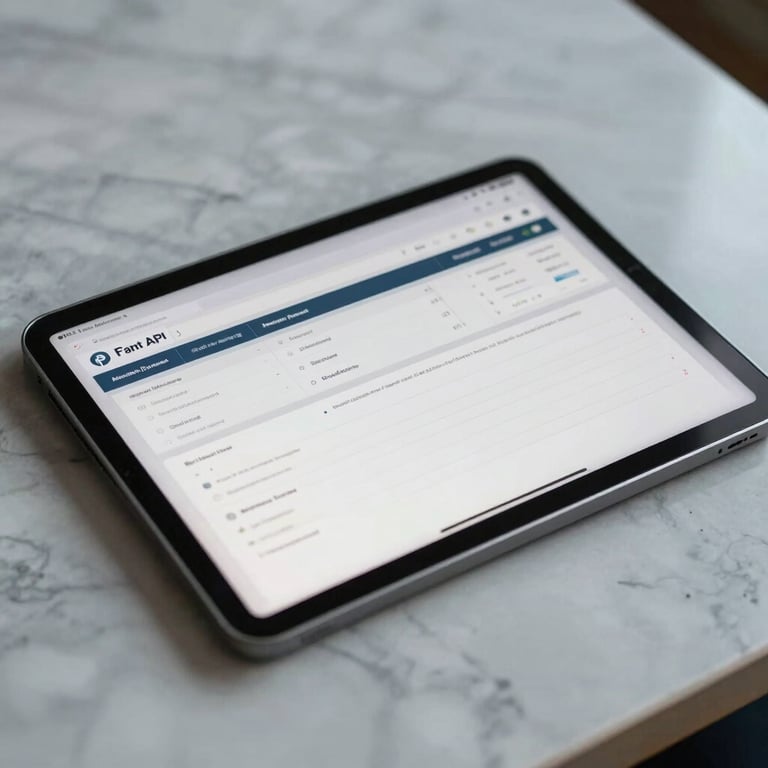 Close-up of a tablet displaying a financial API interface on a marble desk, soft natural light, pale cloud gray palette, North American / European business.