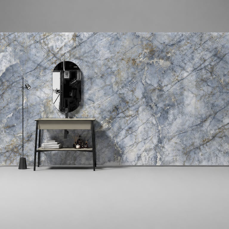 Modern bathroom vanity featuring a blue marble wall slab, oval mirror, and sleek black console table.