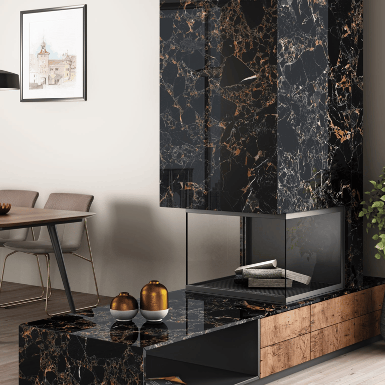 a living room with a black marble coffee table