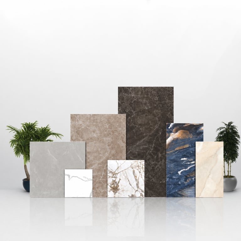 A collection of luxury marble and porcelain floor tiles in various colors and textures for interior design.