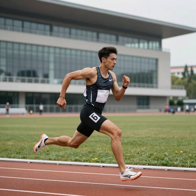 A professional runner sprinting on a track with modern architecture in the background.