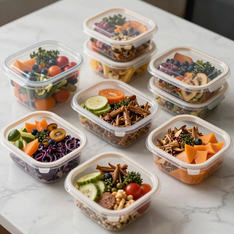 An overhead shot of healthy, colorful meal prep containers on a white marble countertop.