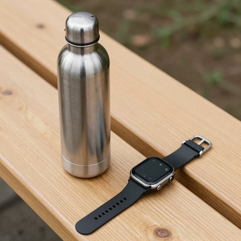 Close up of a stainless steel water bottle and high-tech fitness watch on a light wood bench.