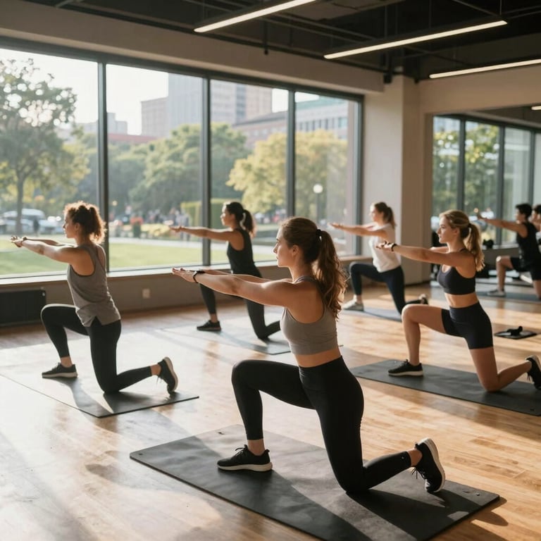 An energetic group fitness session in a sun-drenched studio with large windows overlooking a city park.