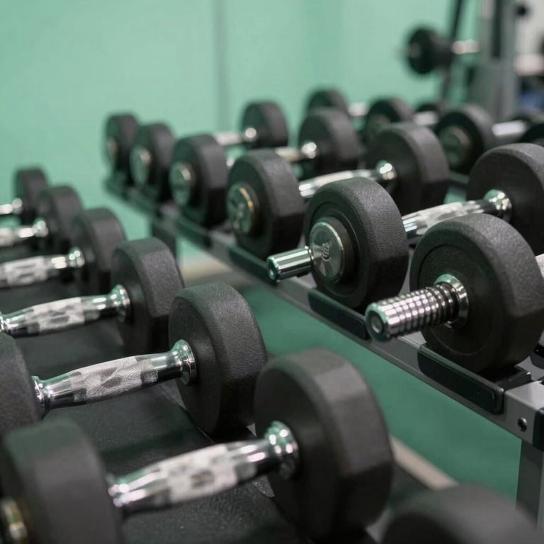 A row of modern, high-quality dumbbells in a well-organized fitness center with mint green walls.