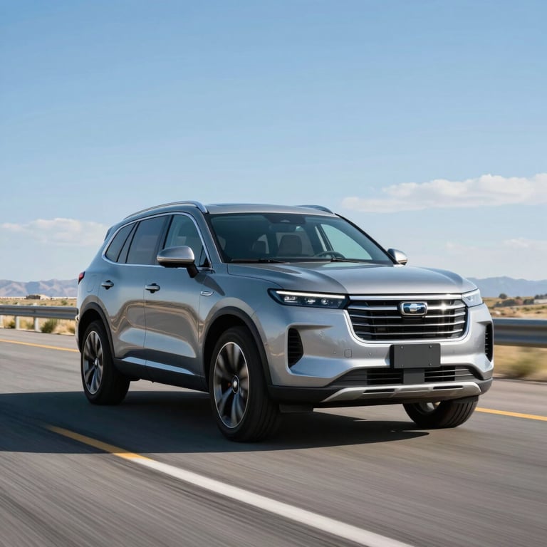 A sleek modern SUV driving on an open highway in North American / US, bright daylight and blue sky.