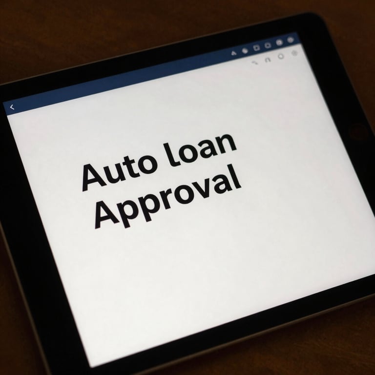 A close-up of a digital tablet showing a simple, clear auto loan approval screen with off-white and dark blue UI colors.