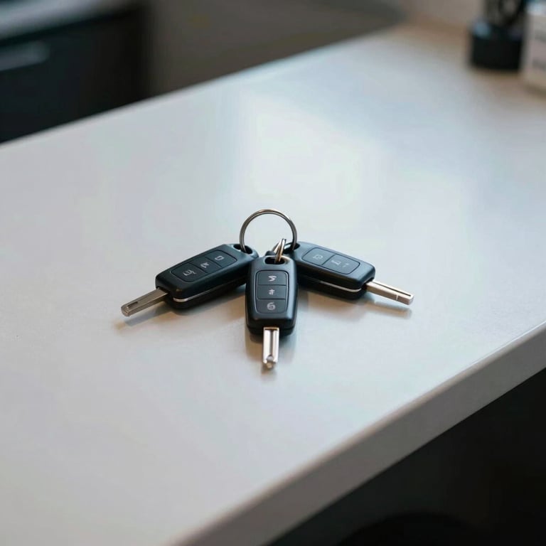 A high-contrast photo of a set of car keys lying on a clean, modern white countertop with a soft blue reflection.