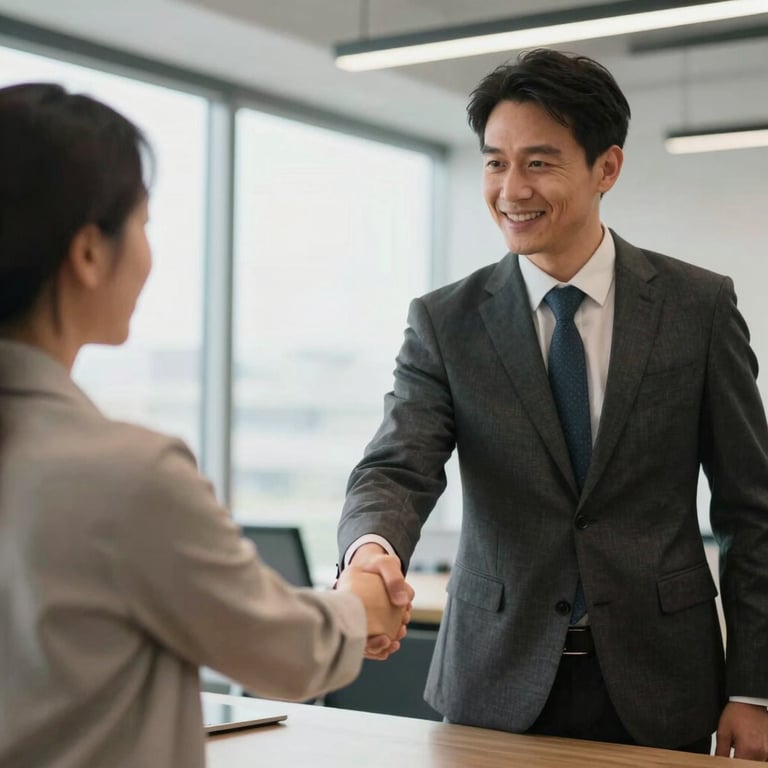 A consultant in professional attire shaking hands with a client in a bright, modern Tacoma office, conveying trust.