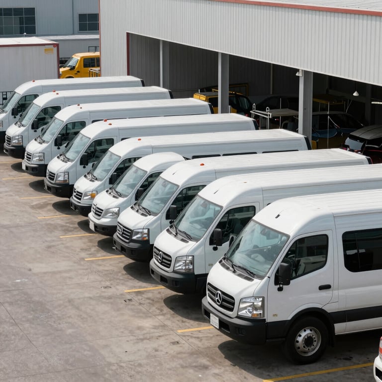A rows of commercial fleet vehicles parked neatly in a modern industrial plaza in the United States.