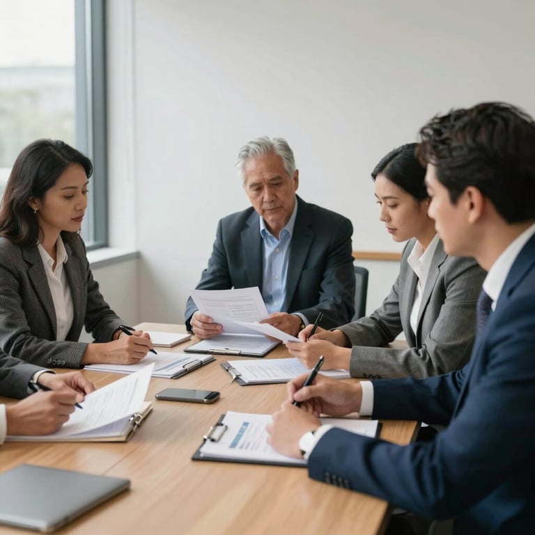 A diverse group of professionals in a bright meeting room in Washington State, collaborating on financial documents.