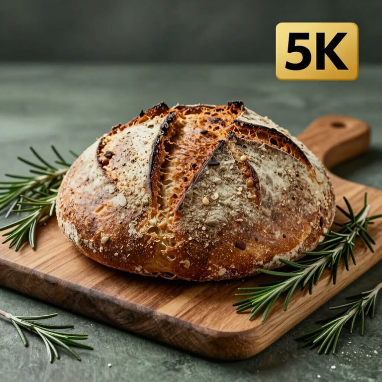 A rustic loaf of artisanal bread on a wooden board surrounded by matte forest green rosemary.