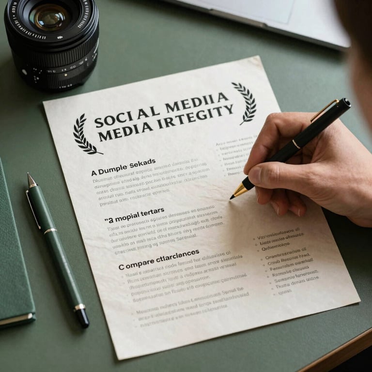 A social media strategist working at a desk with matte forest green stationery and a crisp parchment mood board.