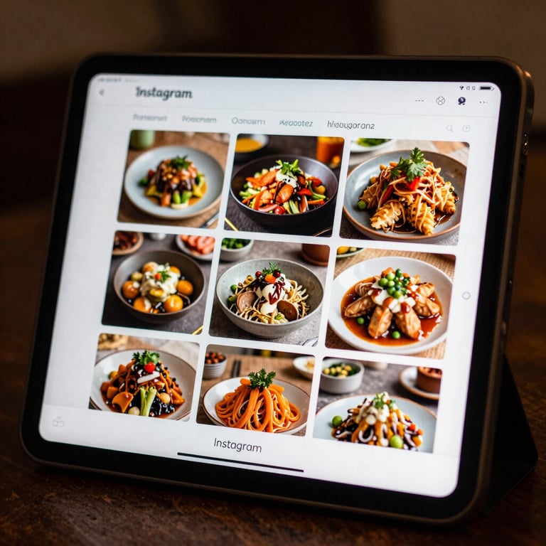 A tablet showing a colorful Instagram feed focused on local food culture and artisanal dining.