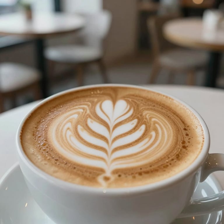 Close-up of a latte with leaf art in a minimalist Scandinavian-style cafe setting.