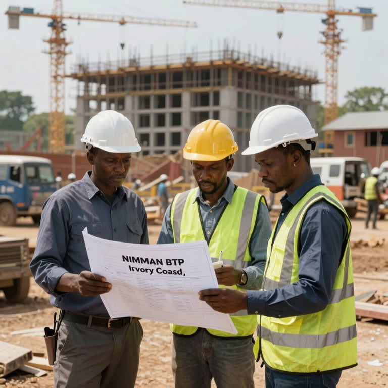 Civil engineers reviewing plans on a massive construction site, representing NIMMAN BTP in Ivory Coast.