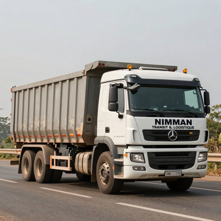 A large heavy-duty truck transporting cargo on an Ivorian highway, representing NIMMAN TRANSIT & LOGISTIQUE.