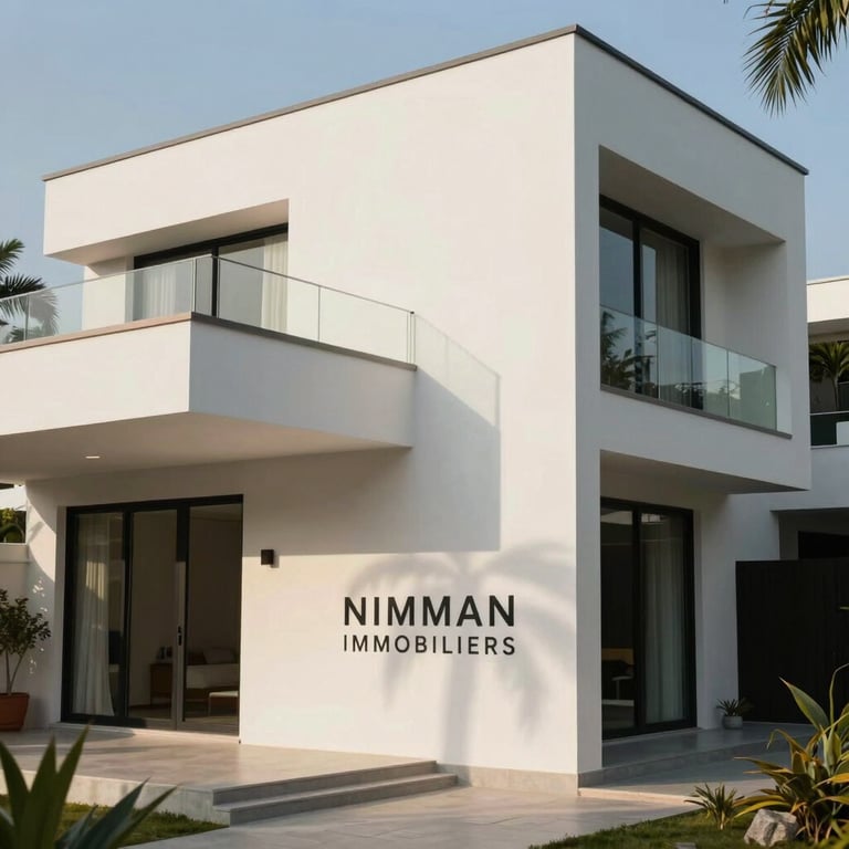 Modern luxury villa in Abidjan, representing NIMMAN IMMOBILIERS, soft sunlight on white walls.