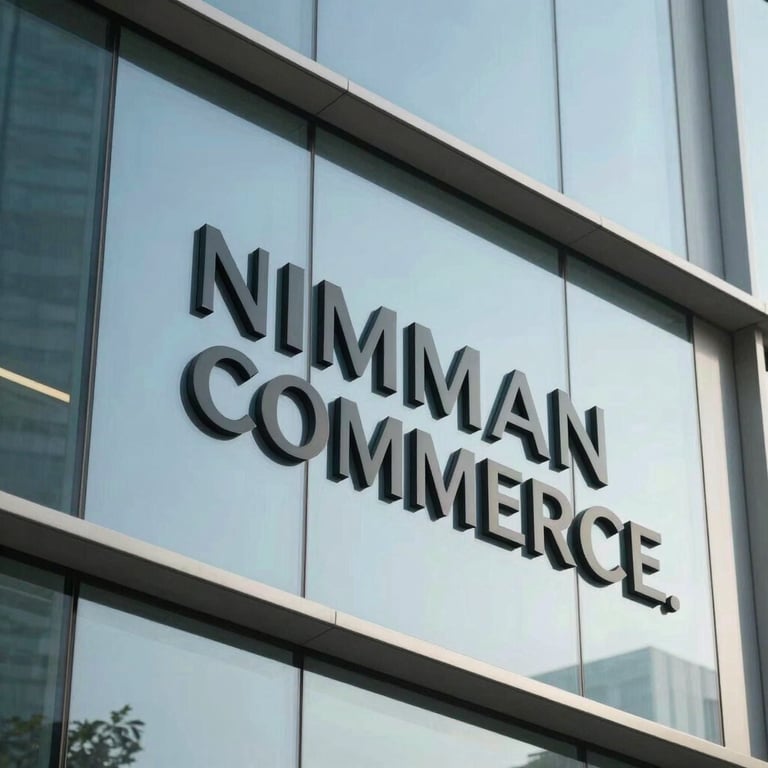 Corporate office environment with light blue glass and steel accents, representing NIMMAN COMMERCE.