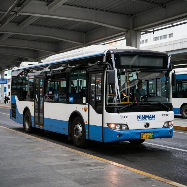 Fleet of modern blue and white urban buses at a terminal, representing NIMMAN TRANSPORT URBAIN.