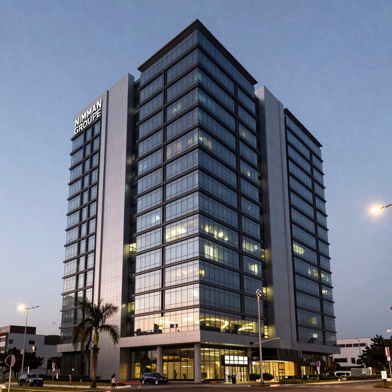 Exterior of the NIMMAN GROUPE headquarters in Abidjan, a sleek, avant-garde office building at dusk.