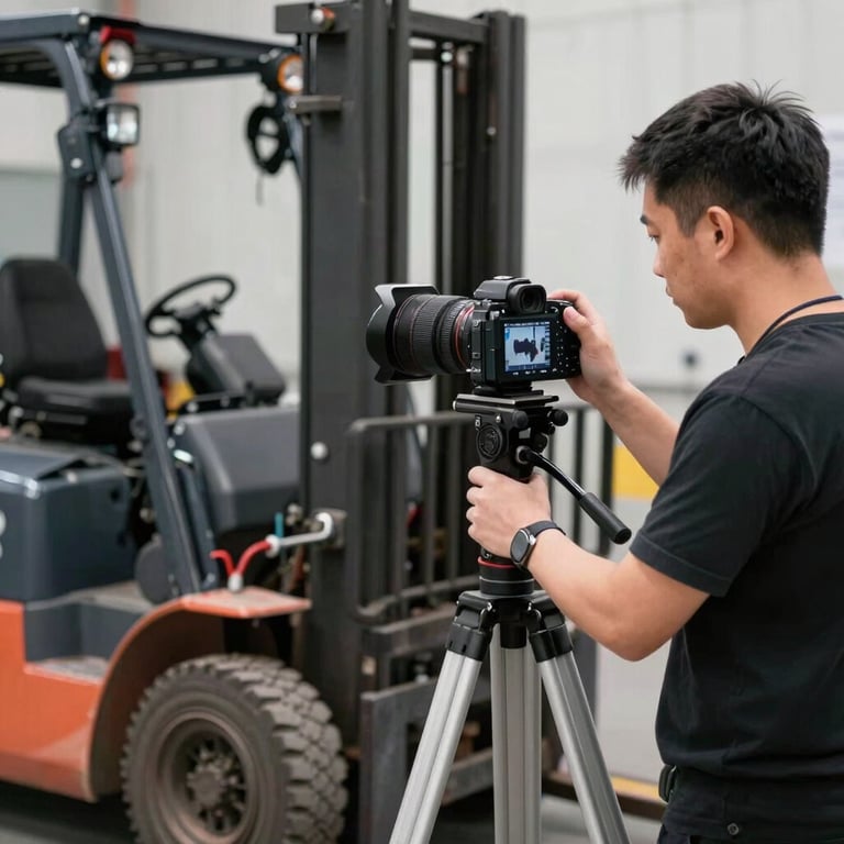 A technician recording a technical 'reels' video on a tripod next to a forklift engine, showing the educational side of the brand.