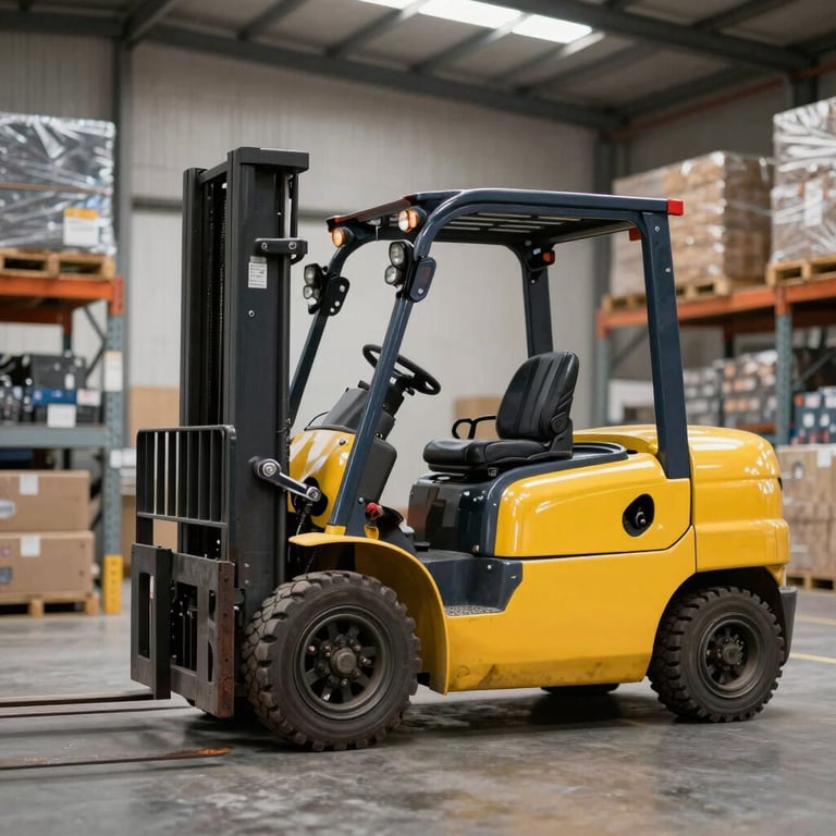 Side view of a bright yellow forklift moving through a clean, well-lit South American warehouse, symbolizing efficiency.