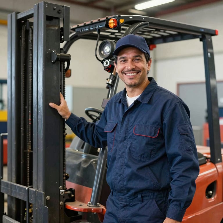 A South American mechanic smiling professionally in front of a serviced forklift, wearing a clean navy blue uniform. Bright industrial lighting.