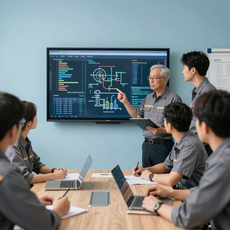 A group of maintenance professionals in a meeting room with light blue walls, discussing technical data on a screen. Welcoming atmosphere.