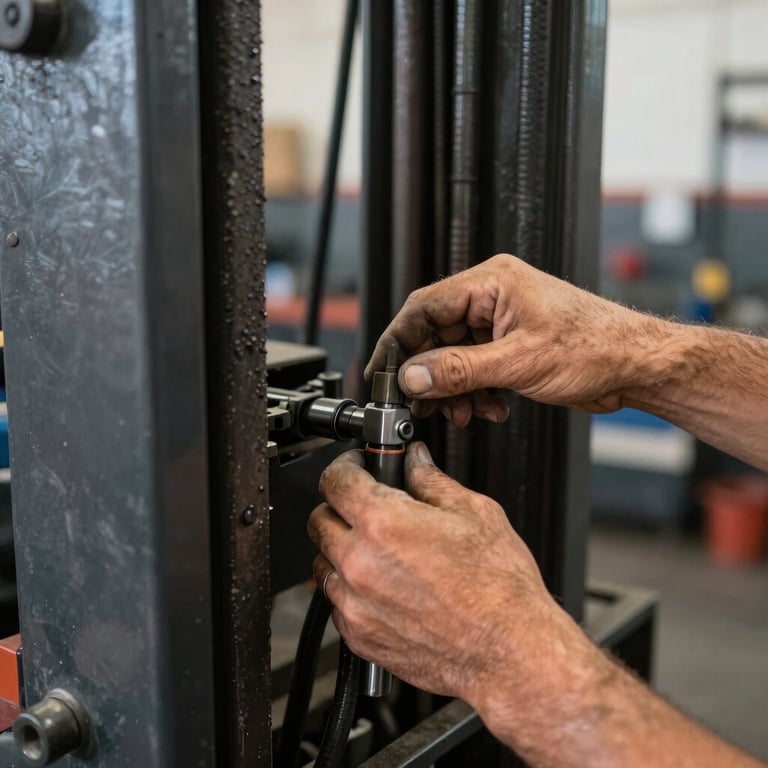 Close-up of a mechanic's hands adjusting the hydraulic system of a forklift, showing precision and technical expertise in a Brazilian workshop.