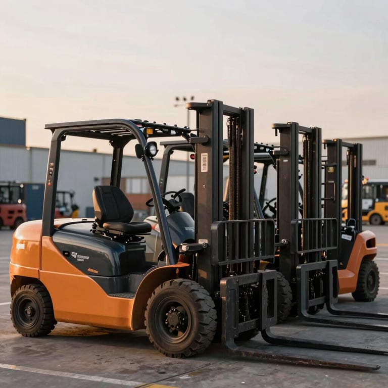 A neat row of serviced forklifts ready for delivery in a Brazilian logistics park at golden hour. Warm, professional lighting.