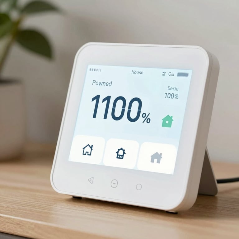 Close-up of a smart energy monitor showing a house powered by 100% renewable sources, clean UI, white and #EBF5F4 palette.