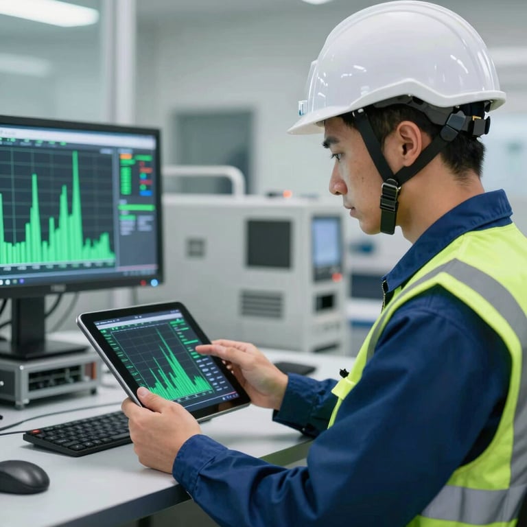 A technician in modern safety gear looking at a tablet screen showing green energy metrics, daytime, professional atmosphere.
