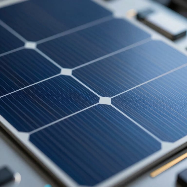 A macro shot of a single high-efficiency solar cell showing intricate electrical pathways, tech-focused, using #8EC1BA colors.