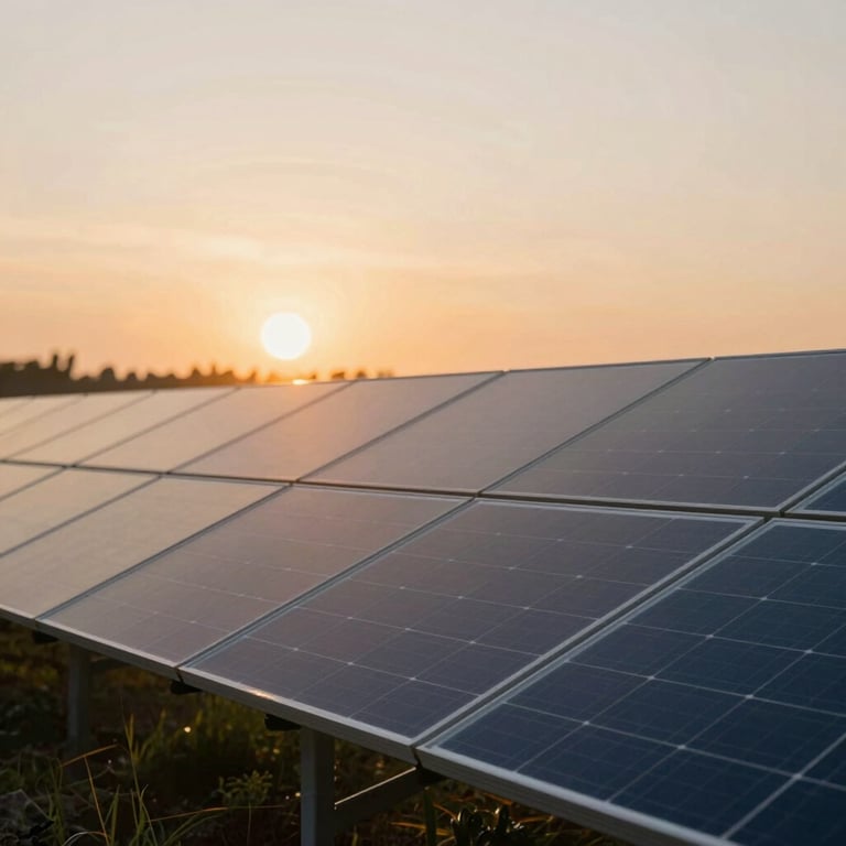 A bright morning sun rising behind a row of solar panels, symbolizing a new dawn for clean energy, warm but professional tones.