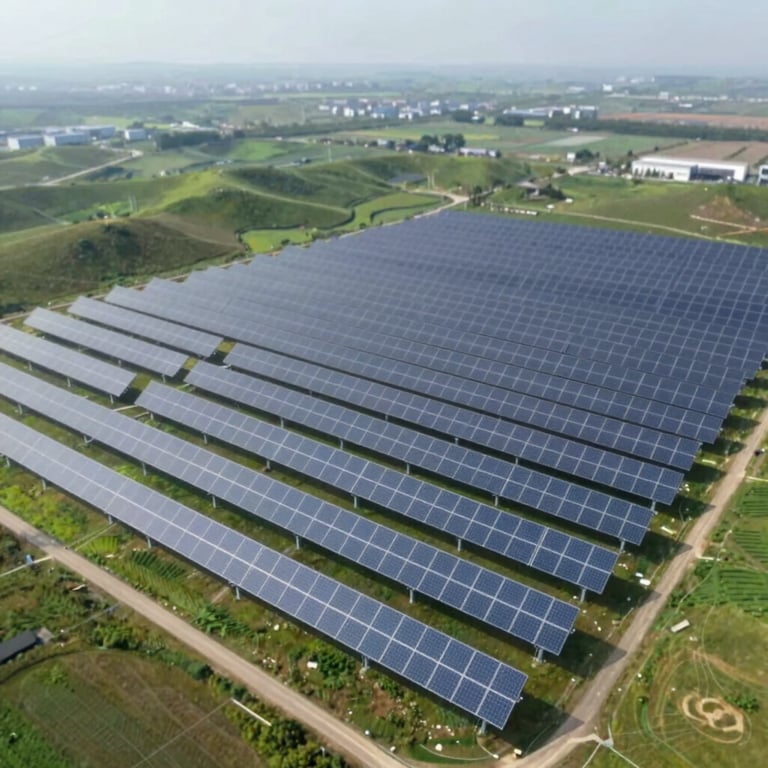 Aerial view of a massive solar array integrated into a rolling green landscape, clean and modern style, incorporating #2D6F7C.