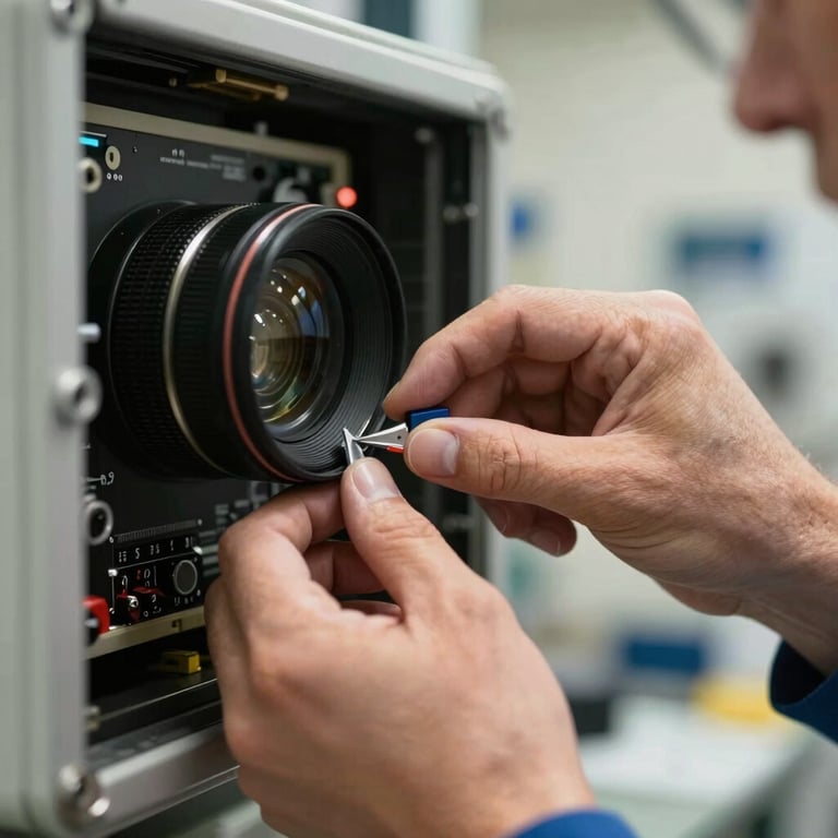 A close-up of a hand in a North American / US maintenance facility performing a delicate diagnostic check on an aircraft's electronics.