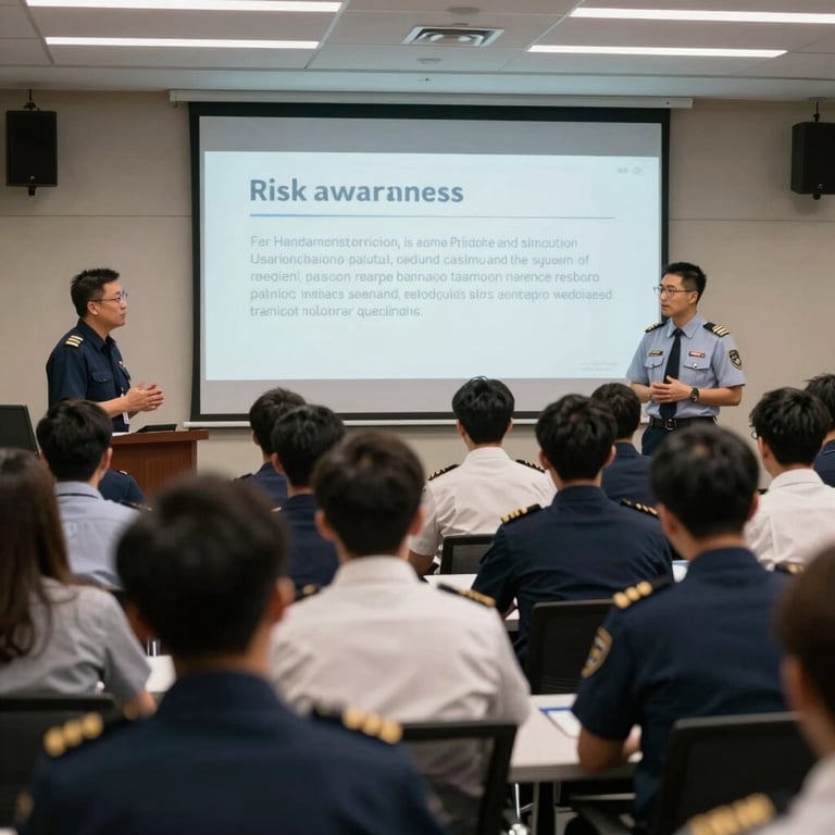 An educational seminar in a North American / US conference hall where an instructor teaches risk awareness to a group of pilots.