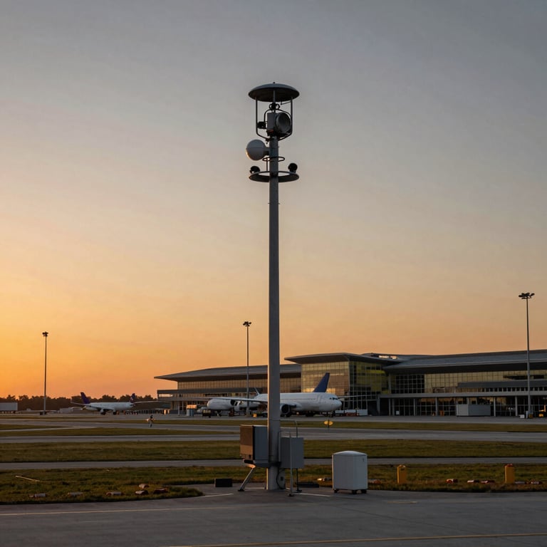 A wide shot of a sunset over a modern North American / US airport, symbolizing the reliability and peace of mind provided by safety systems.