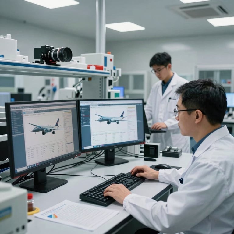 A clean-room laboratory where technicians in North American / US professional attire analyze aviation safety data on large monitors.