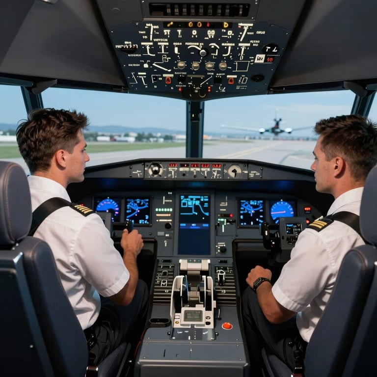 A pair of North American / US pilots in a flight simulator, engaged in a training exercise, with soft blue instrument panel lighting.
