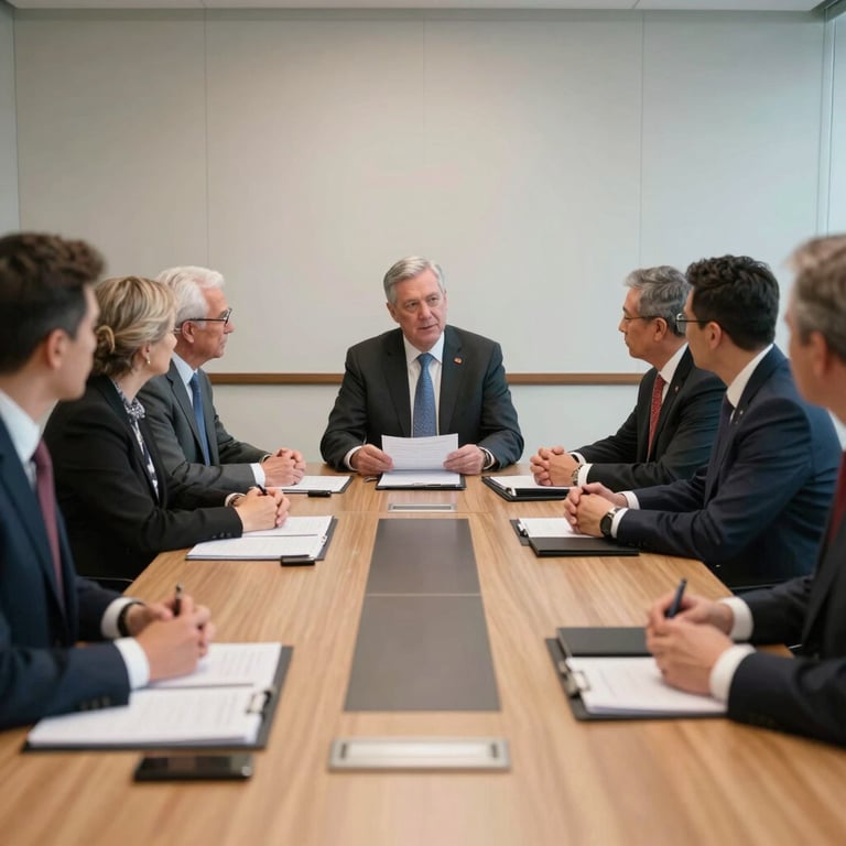A formal boardroom meeting in a North American / US office building where aviation leaders discuss policy advocacy and safety standards.