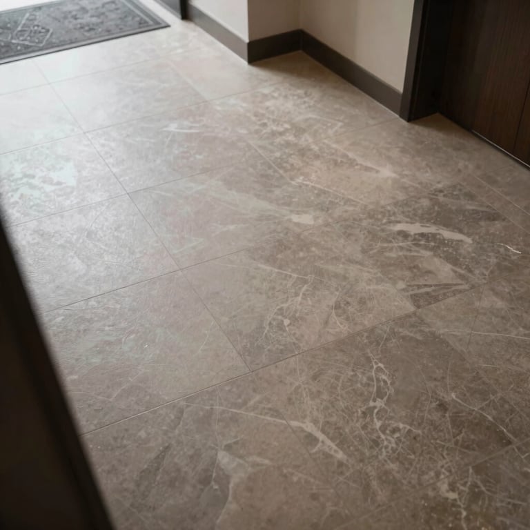 A high-angle shot of a spotless contemporary entryway with a shiny tiled floor.
