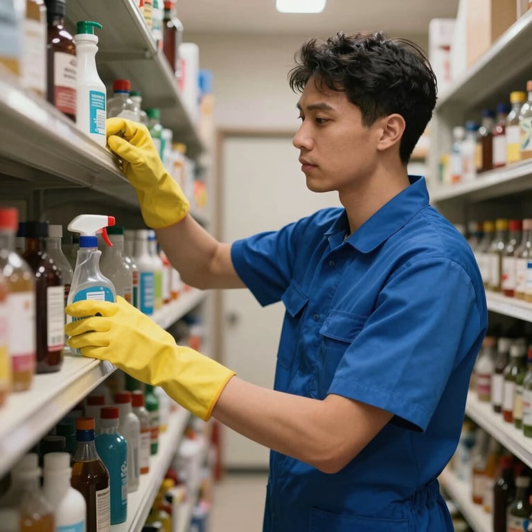 A professional cleaner in a steel blue uniform neatly organizing a modern pantry area.