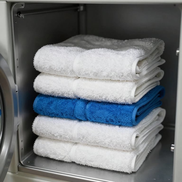 An organized laundry room with folded white towels and steel blue accents.