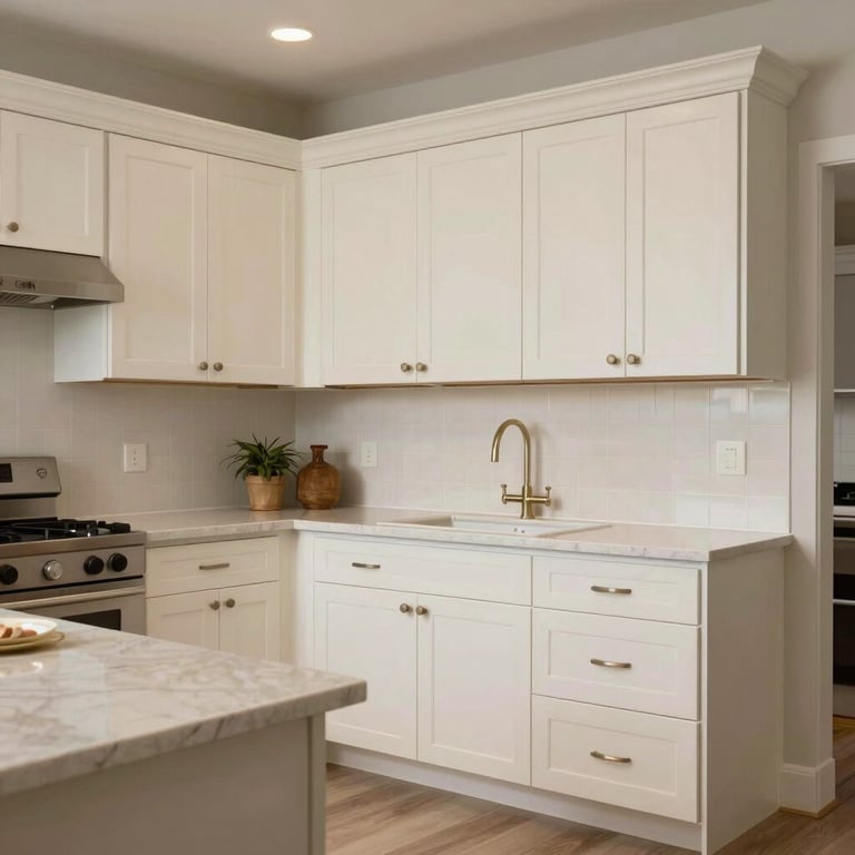 A clean modern kitchen with off-white cabinets and polished countertops in a North American home.