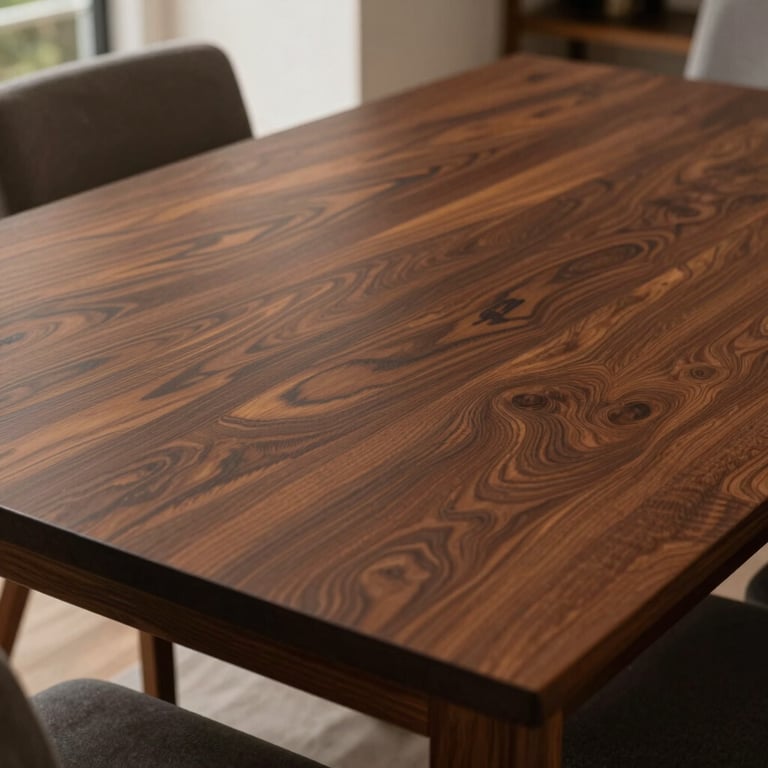 A close-up of a dust-free mahogany dining table in an airy, open-concept home.