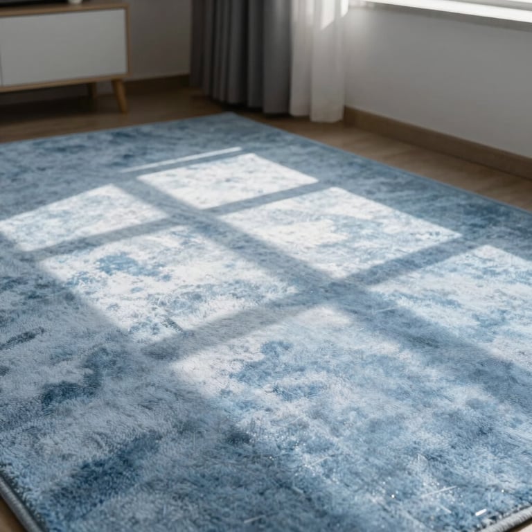 Sunlight hitting a perfectly vacuumed light blue carpet in a spacious bedroom.