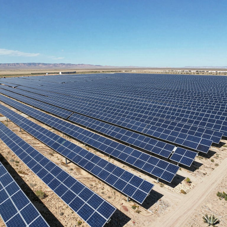 A wide aerial photograph of a vast solar farm in the American Southwest, rows of sleek blue panels stretching toward the horizon under a clear, bright sky.