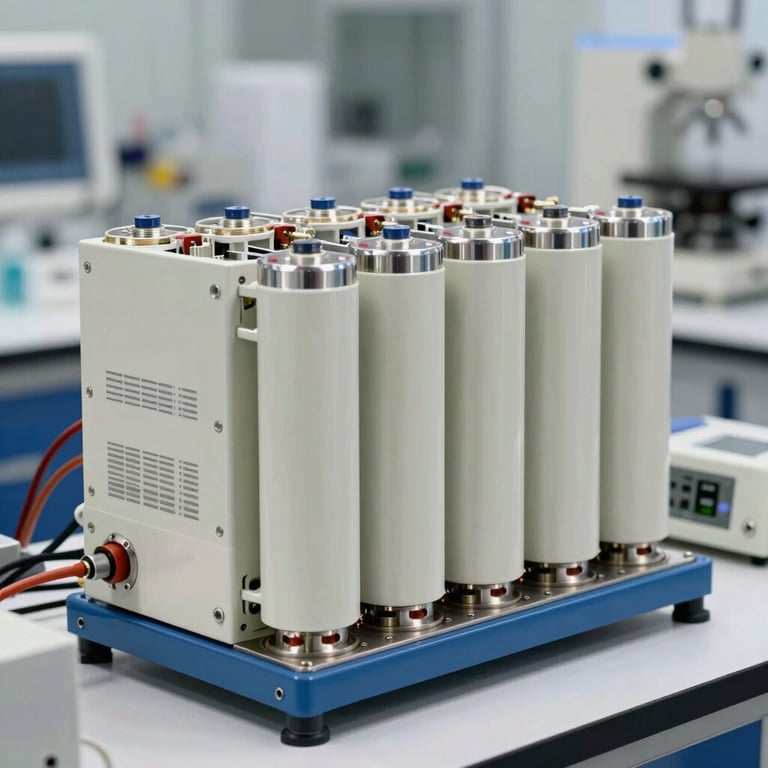 A high-tech laboratory setting in the US, showing a detailed shot of an advanced energy storage battery system with off-white and steel blue components.